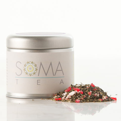 black tea, peppermint, rooibos, peppermint candy*, strawberry pieces, cinnamon and vanilla